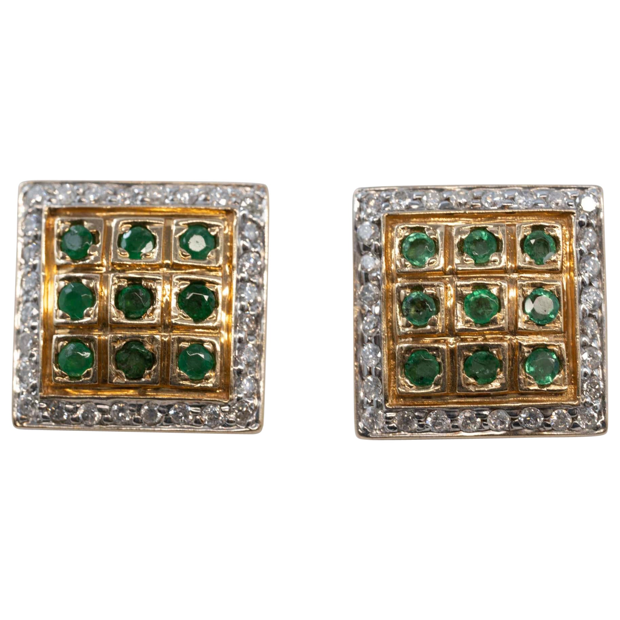 14k Gold Earrings Diamond and Emerald Gems For Sale