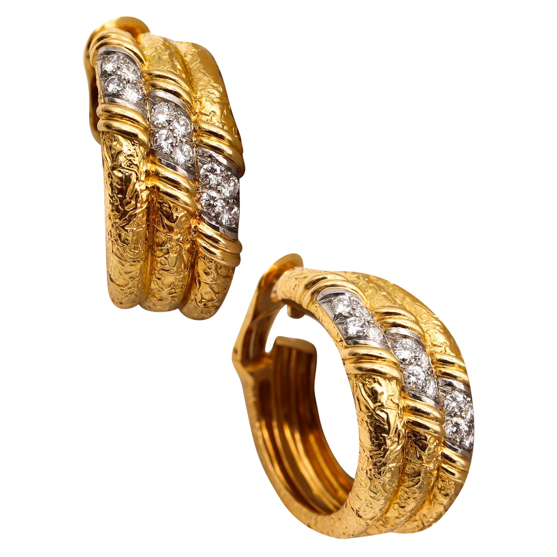 Van Cleef & Arpels 1970 Paris Triple Hoops Earrings 18Kt Gold 1.68 Ctw Diamonds