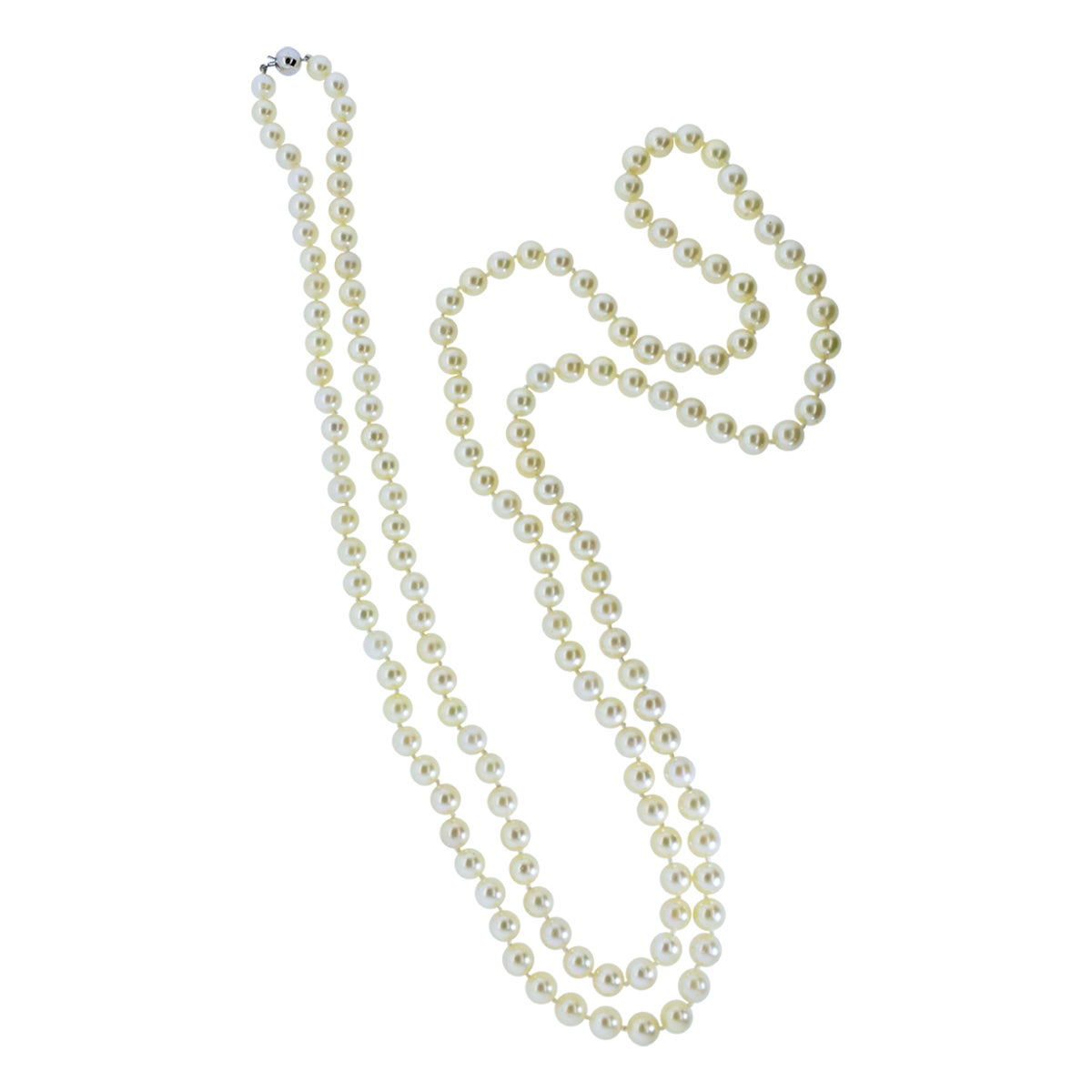 Cultured Pearl Long Fine Strand Completed with an 18K White Gold Clasp For Sale