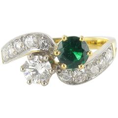 New French Emerald Diamond Gold Toi et Moi Engagement Ring 12