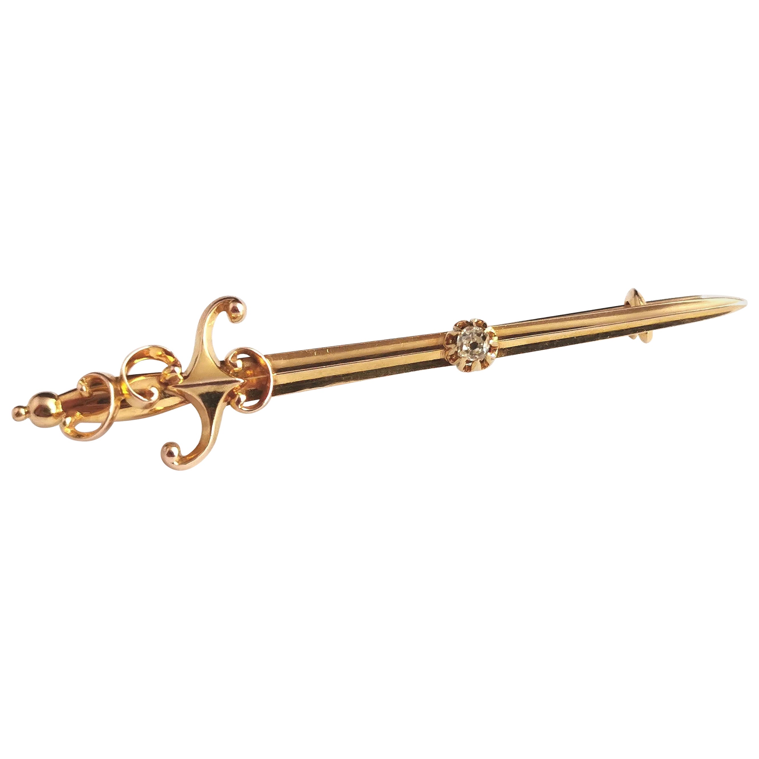 Broche épée ancienne en or jaune 9 carats et diamants, style édouardien
