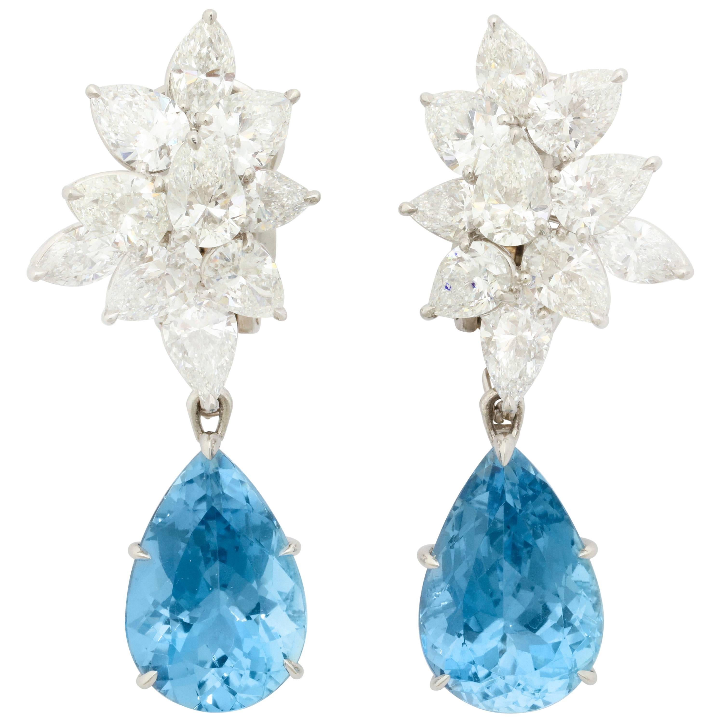 Finest Pear Shape Aquamarine Drop Diamond Platinum Earrings For Sale