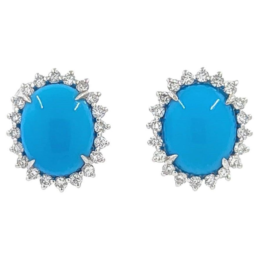 14k White Gold .32ctw Diamond Oval Turquoise Halo Stud Earrings - American  Jewelry