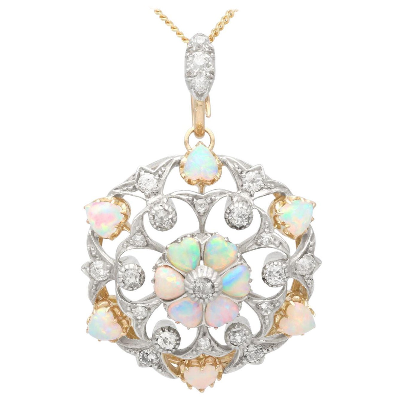 Antique 2.48 Carat Opal and 1.20 Carat Diamond Yellow Gold Pendant For Sale