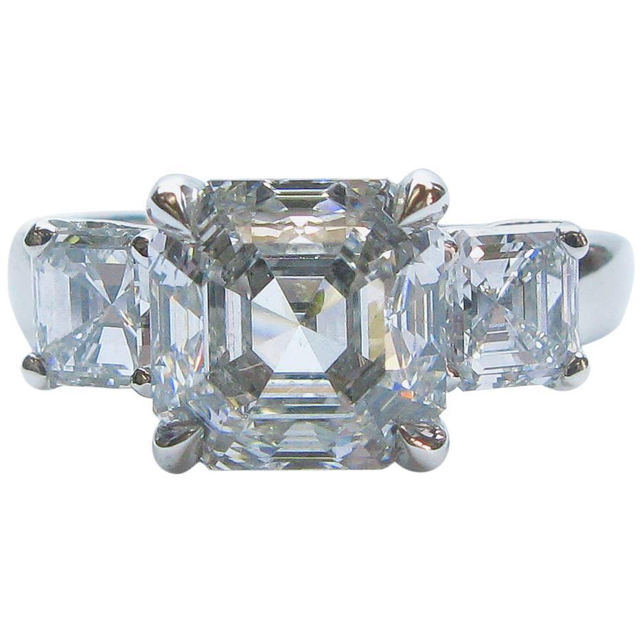 3.01 Carat GIA F VS1 Certified Asscher Diamond Platinum Three Stone Ring