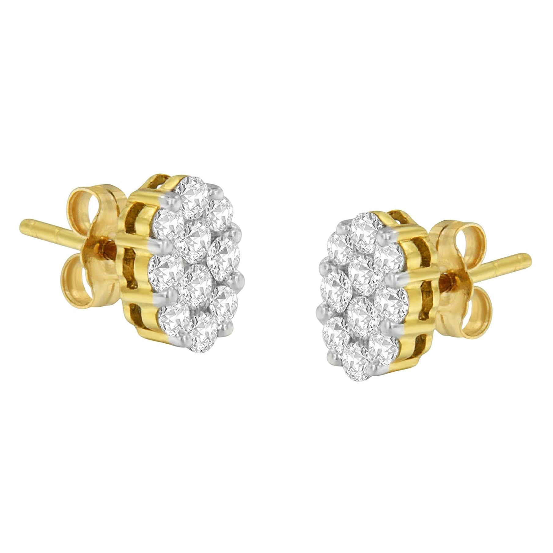18K Yellow Gold 1.0 Carat Floral Cluster Diamond Stud Earrings