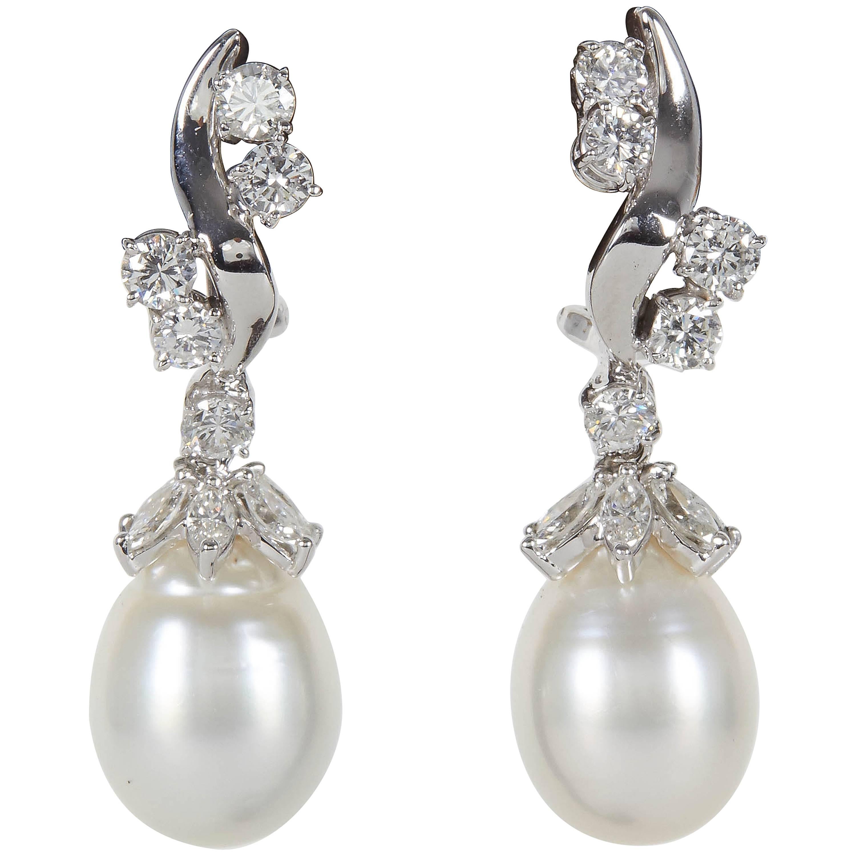 Classic Pearl Diamond Gold Drop Earrings