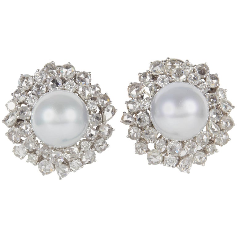 Elegant Pearl Diamond Gold Earrings For Sale at 1stDibs