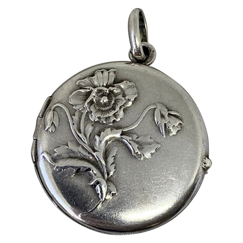 French Locket Art Nouveau Sterling Silver Poppy Flower Pendant Necklace For Sale