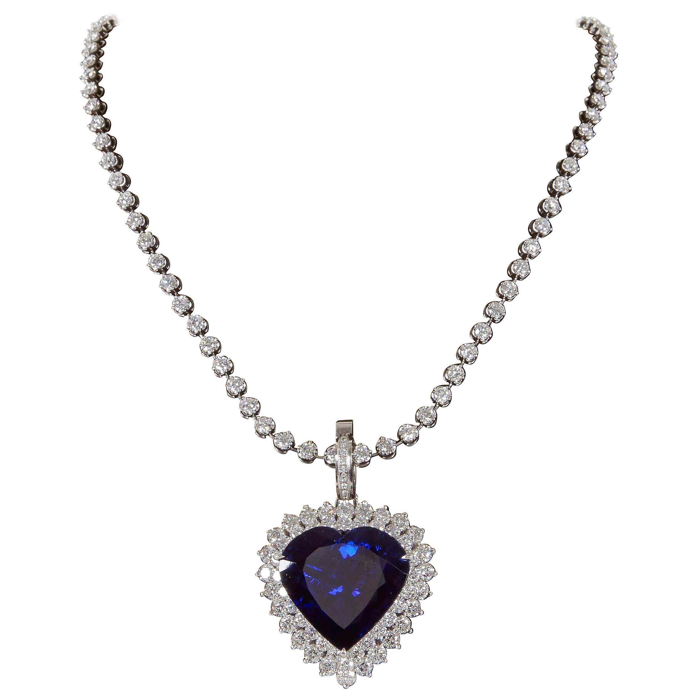 Rare 49.27 Carat Heart Shape Tanzanite Diamond Pendant For Sale