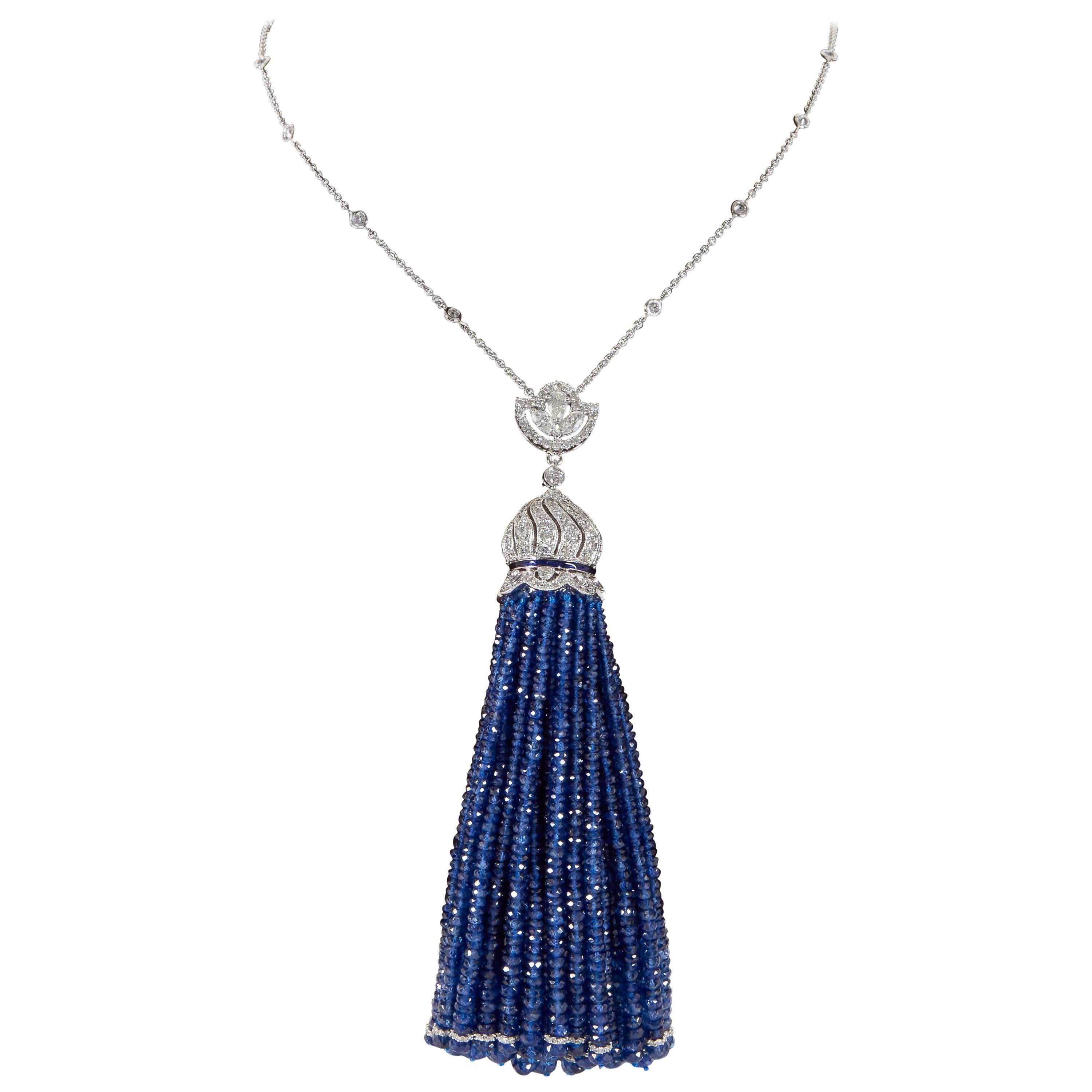 Fabulous Sapphire Diamond Gold Tassel Necklace 