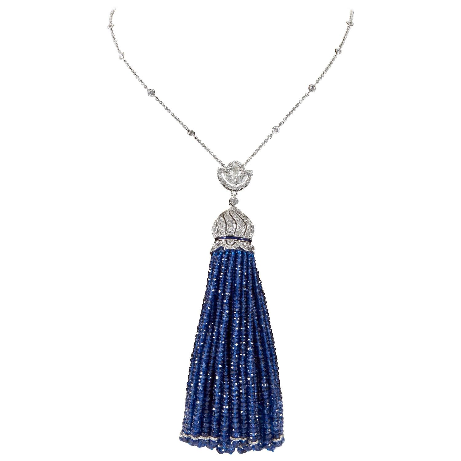 Fabulous Sapphire Diamond Gold Tassel Necklace For Sale at 1stdibs