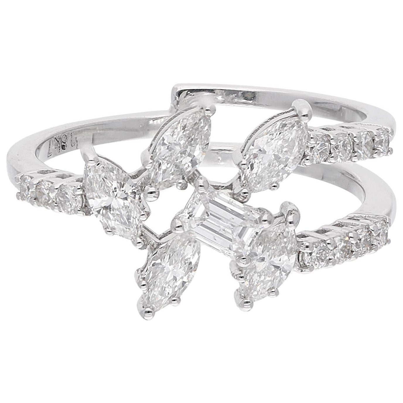 0.92 Carat SI/HI Marquise Round Emerald Cut Diamond Ring 18 Karat White Gold For Sale
