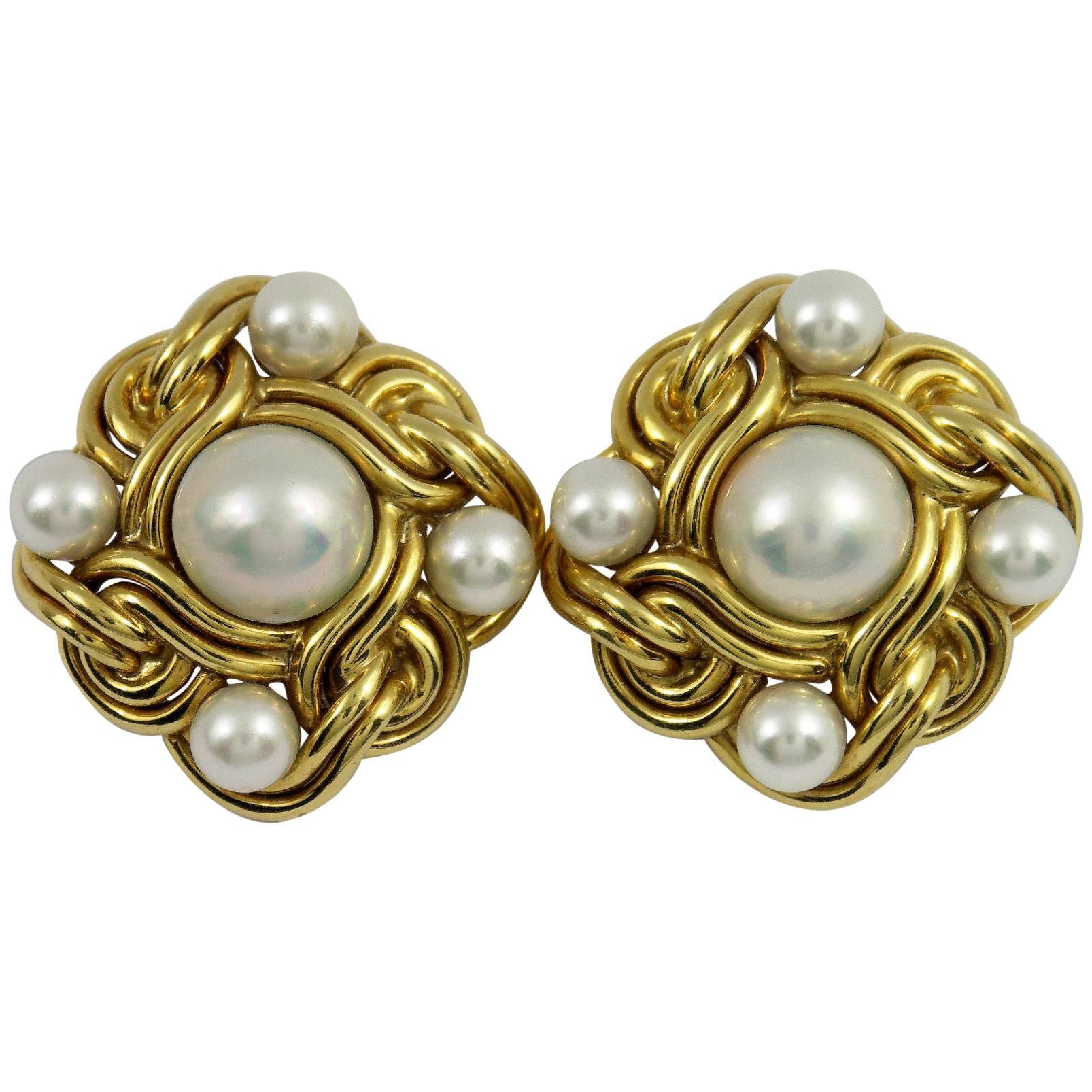 Woven Pearl Gold Button Earrings 