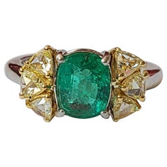 Set in 18K Gold, Zambian Emerald & Yellow Rose Cut Diamonds Engagement Ring