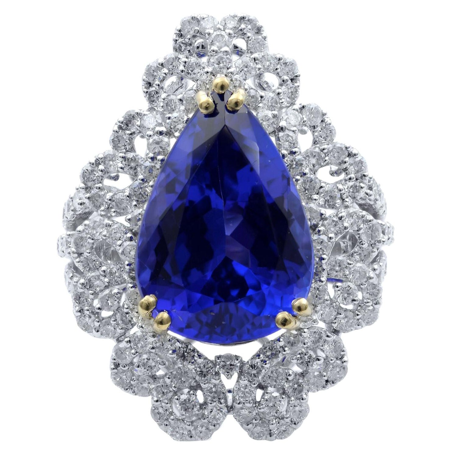 Pear Shape Blue Tanzanite 8.20 Cttw Diamond 2.10 Cttw Ring 18K White Gold For Sale