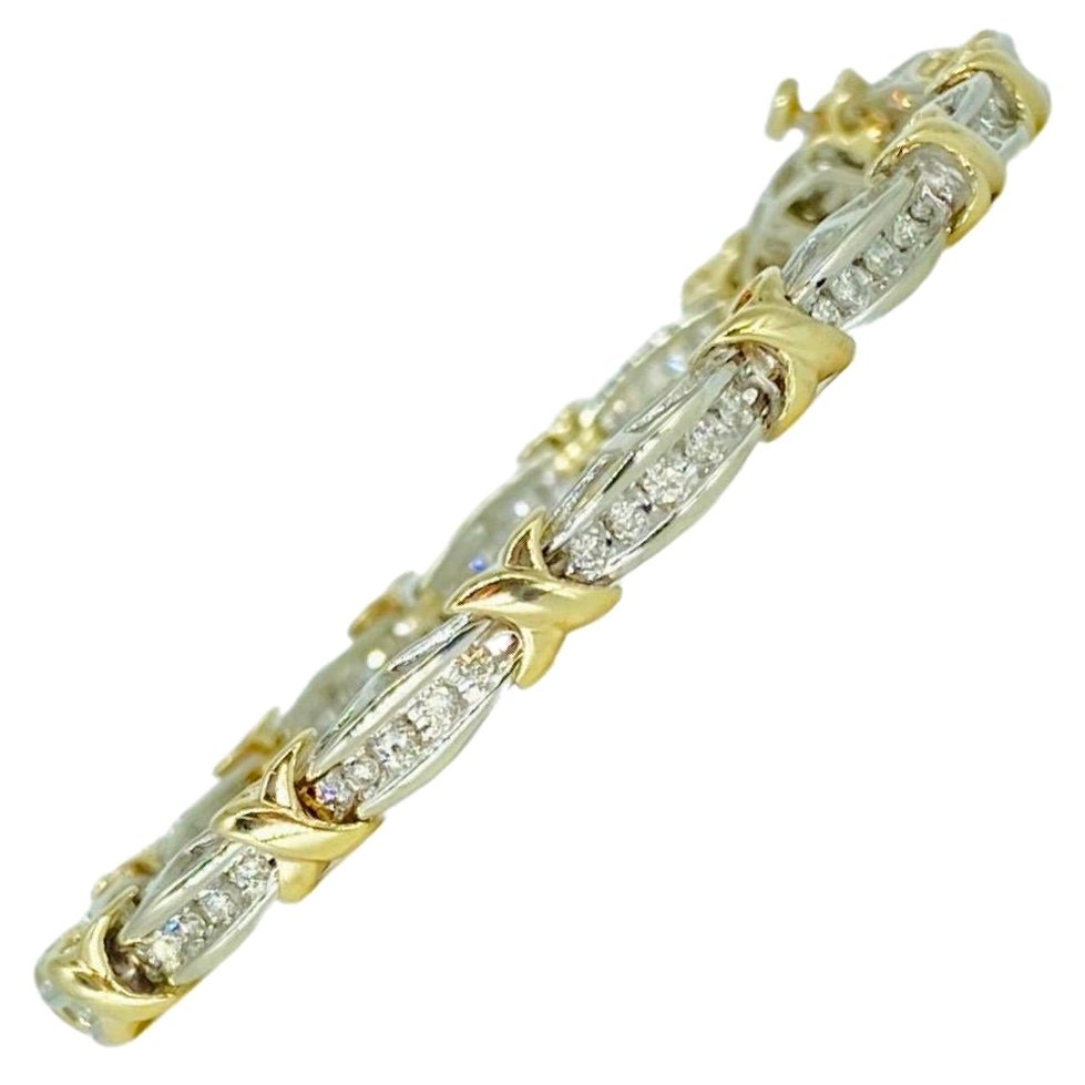 Vintage 3.50 Carat Total Diamonds Two-Tone Gold X Link Love Bracelet For Sale
