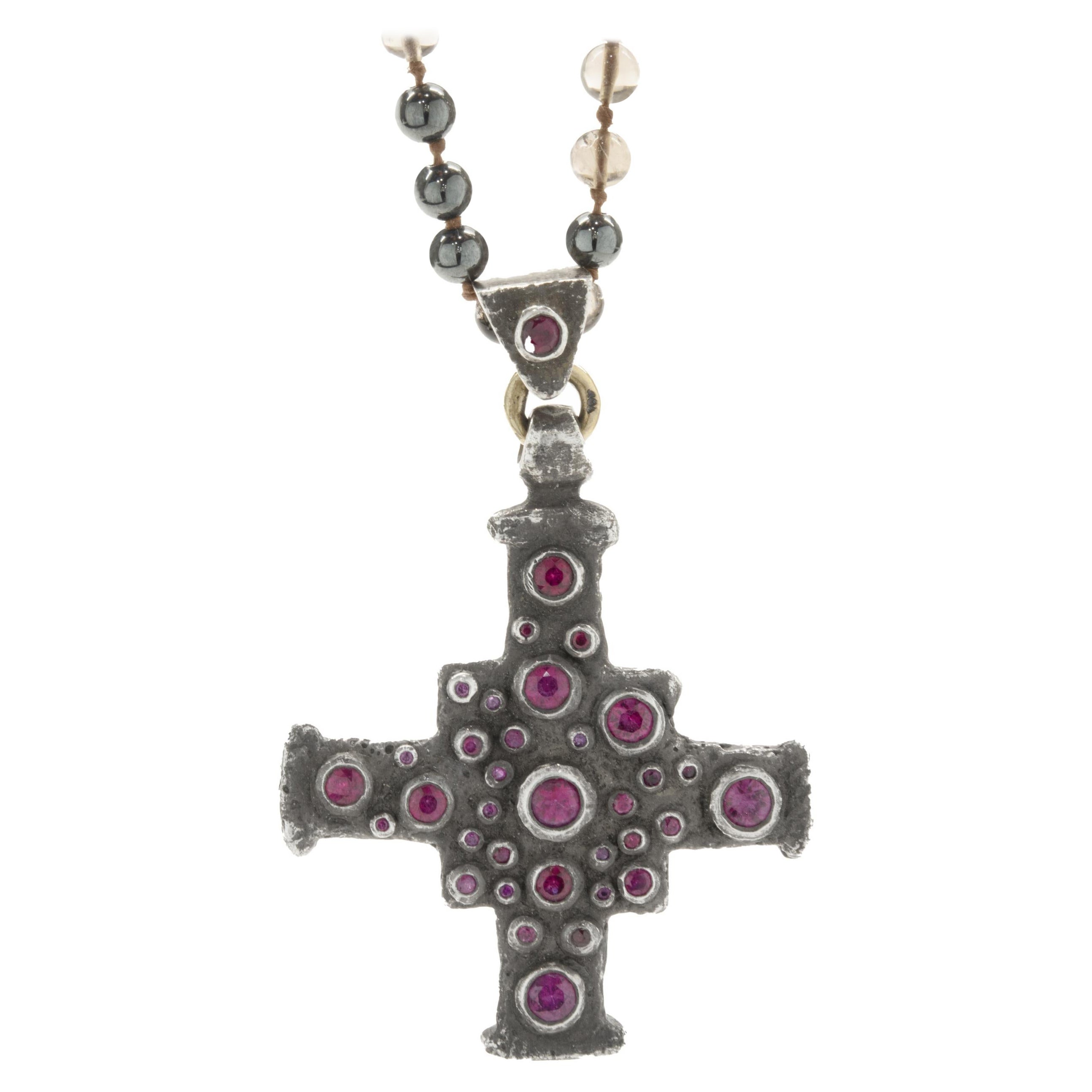 Lee Brevard Sterling Silver Smoky Topaz and Hematite Maltese Cross Necklace For Sale