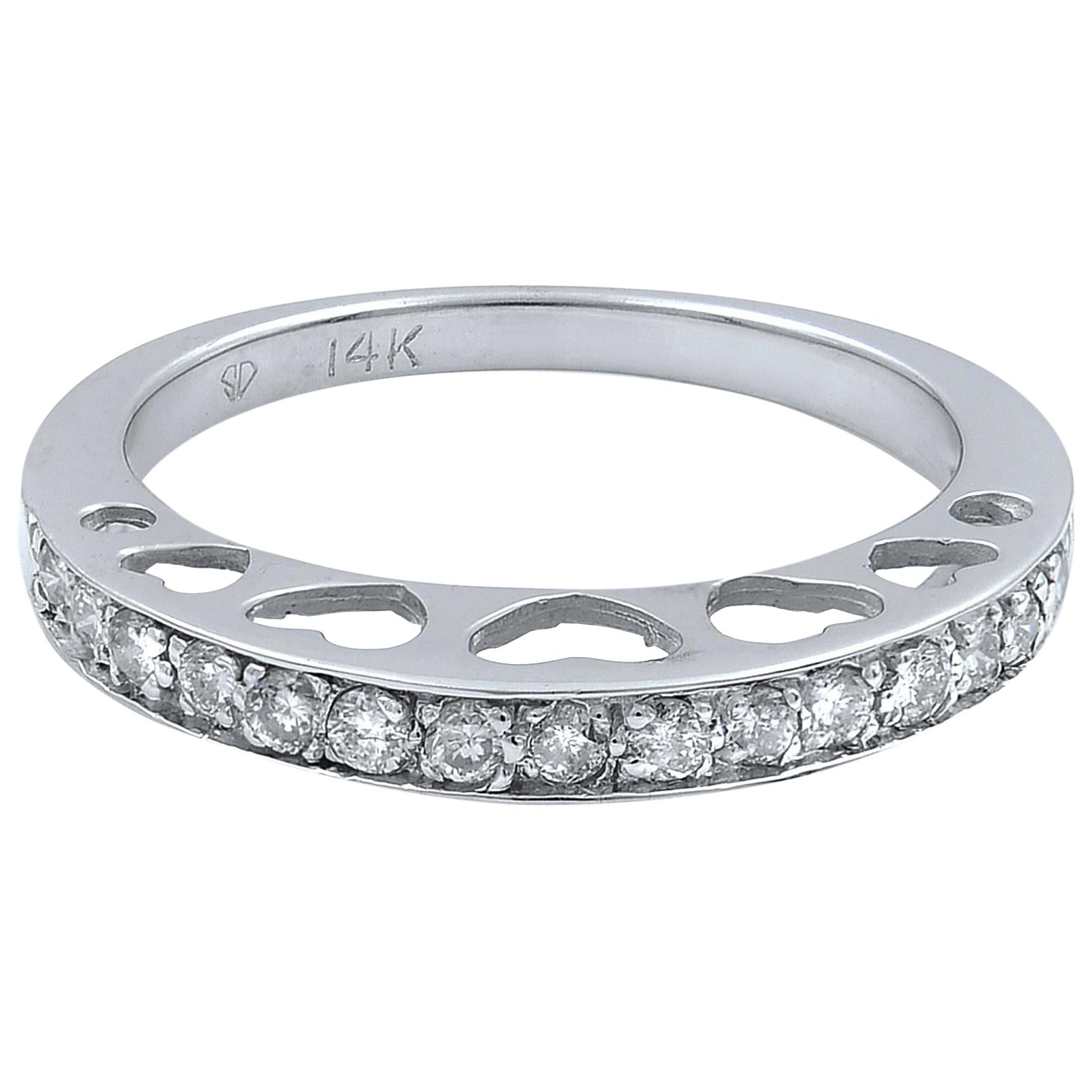 Diamond Inset Heart Cut Out Wedding Band 14K White Gold 0.50cttw For Sale