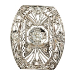 Anneau ancien bouclier en platine et or 14 carats avec diamants