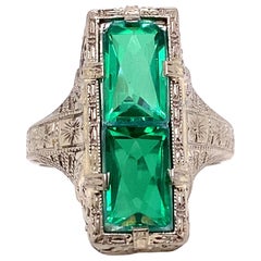 Vintage Emerald Cocktail Ring 3ct Antique 14K Art Deco Flowers Filigree