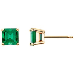 Emerald Cut Colombia Emerald Yellow Gold Stud Earrings Weighing 0.75 Carat