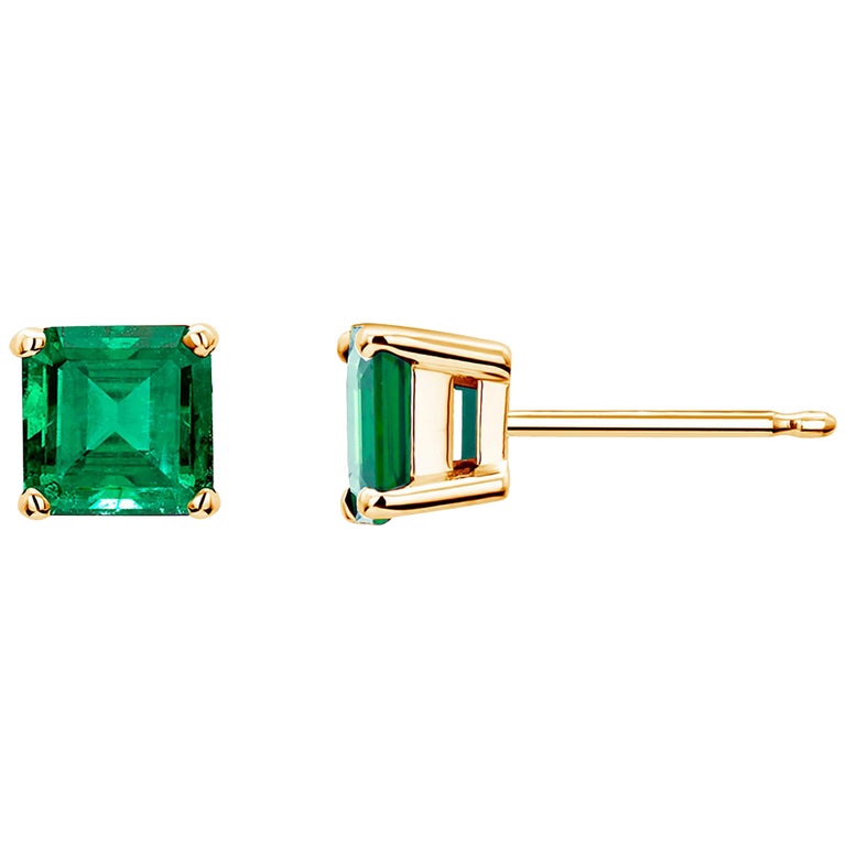 Emerald Cut Colombia Emerald Yellow Gold Stud Earrings Weighing 0.75 Carat For Sale