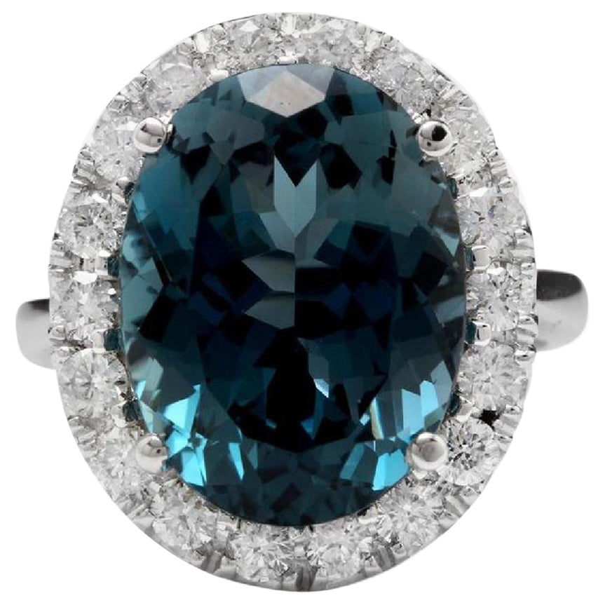 Anello in oro bianco 14K con Topazio Blu di Londra e Diamanti, 13,20 carati naturali e di grande effetto