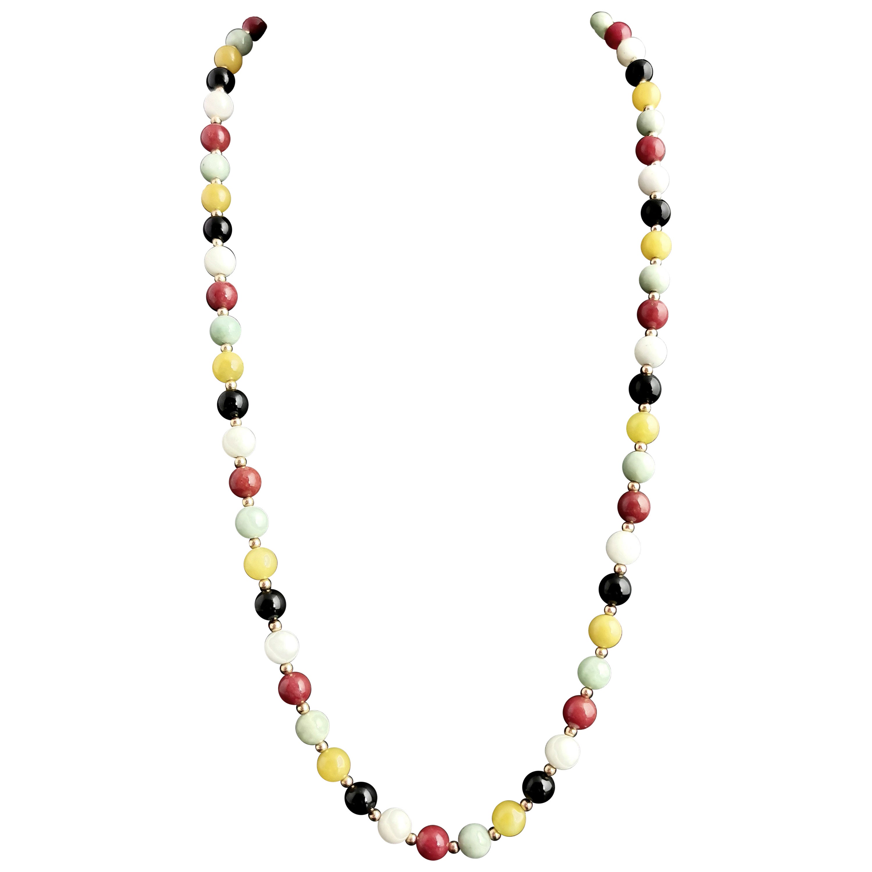 Collier de perles multi-gemmes vintage, or jaune 14 carats