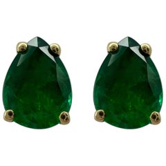 Deep Green 1.75 Carat Emerald 18k Yellow Gold Earring Studs Pear Teardrop Cut