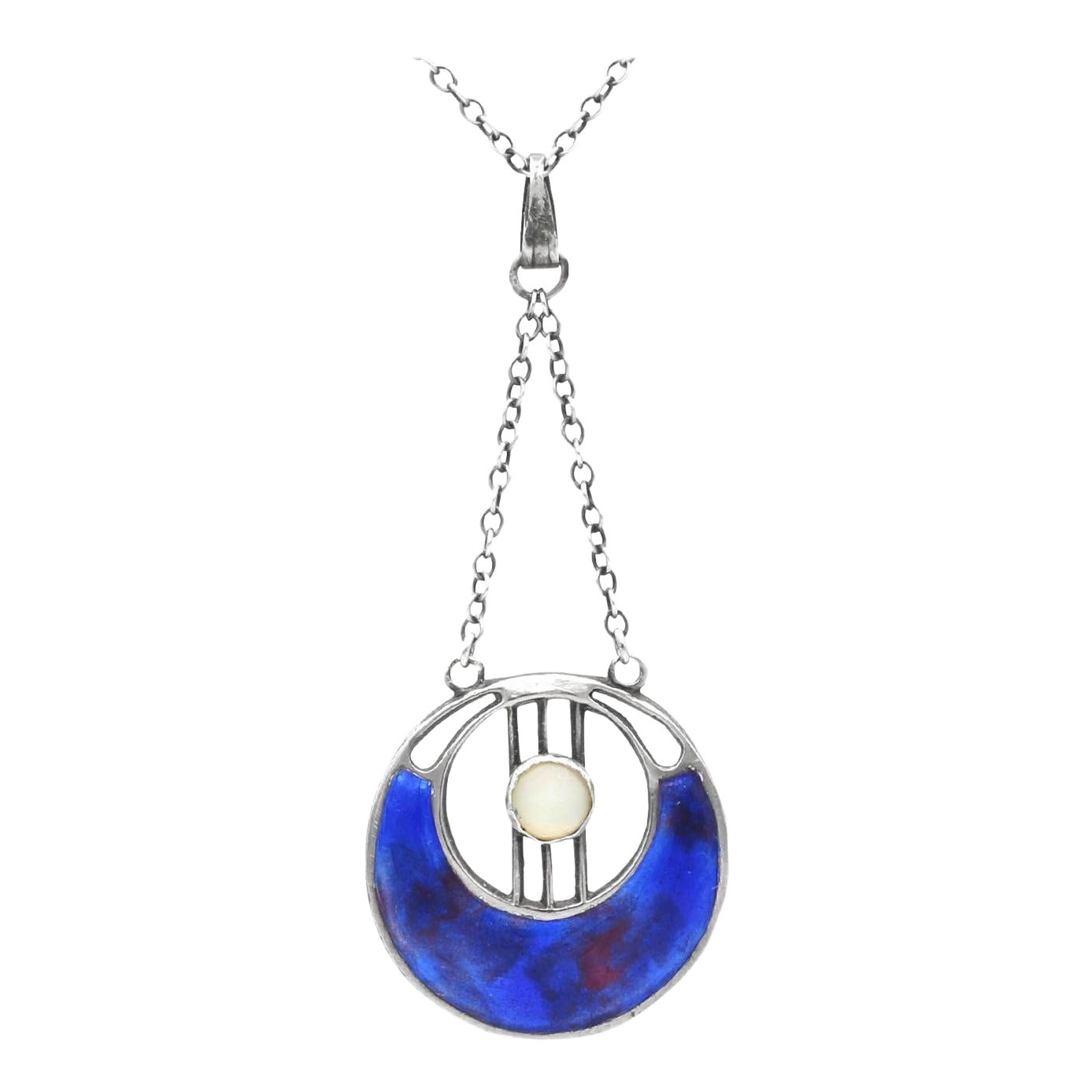 Antique Art Nouveau Enamel Mother of Pearl and Sterling Silver Pendant