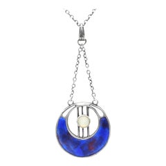 Antique Art Nouveau Enamel Mother of Pearl and Sterling Silver Pendant