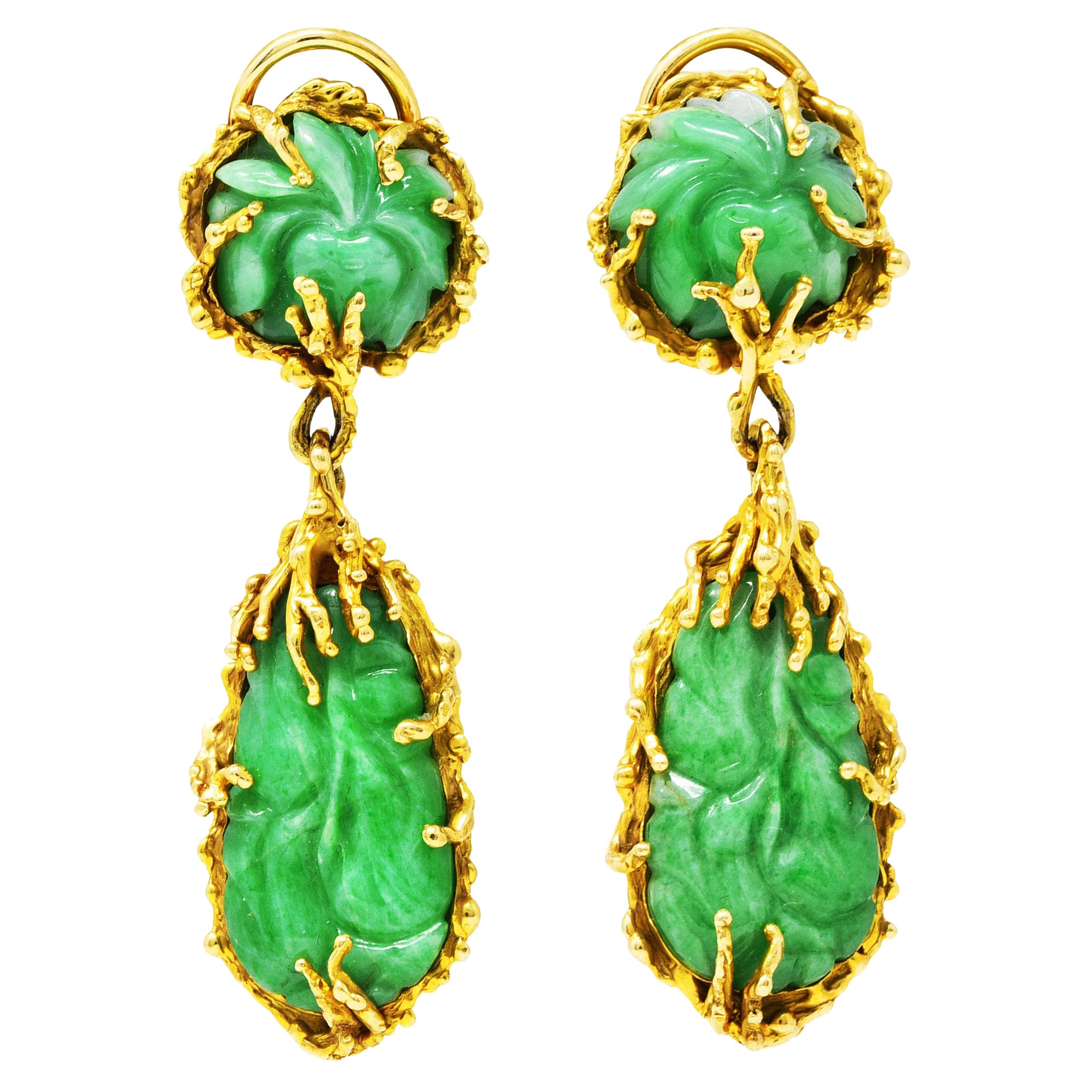 Vintage Brutalist Jade 14 Karat Yellow Gold Carved Organic Drop Earrings