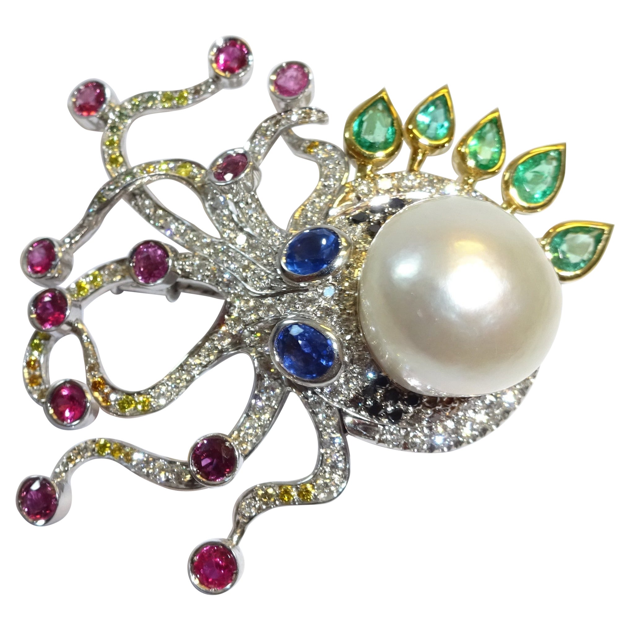 Broche octope en or 18 carats, diamants, perles et pierres de couleur