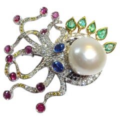 Broche octope en or 18 carats, diamants, perles et pierres de couleur