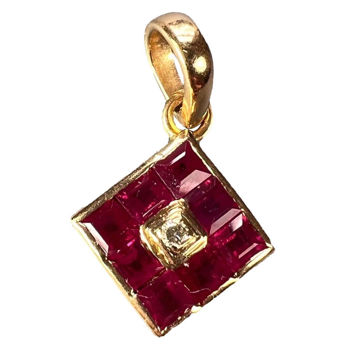 Ruby Diamond 18K Yellow Gold Angled Square Cluster Pendant For Sale