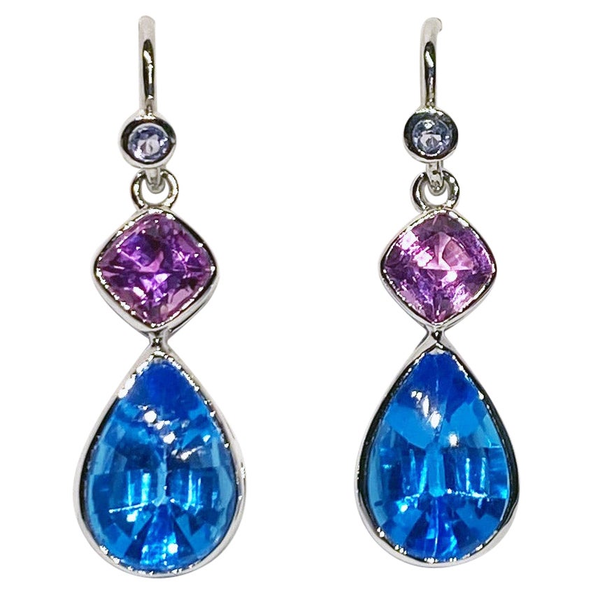 18kt White Gold, Blue Topaz & Pink Sapphire Earrings For Sale