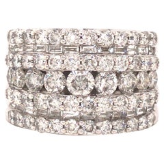 14K Round and Baguette Diamond Wide 7-Row Band White Gold
