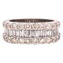 14K Round and Baguette Diamond Band White Gold