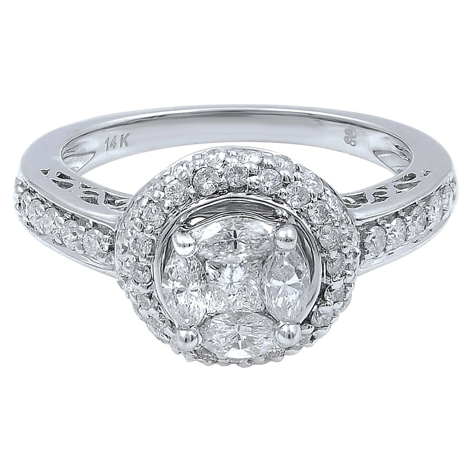 Rachel Koen Diamond Halo Engagement Ring 14K White Gold 1.13cttw For Sale