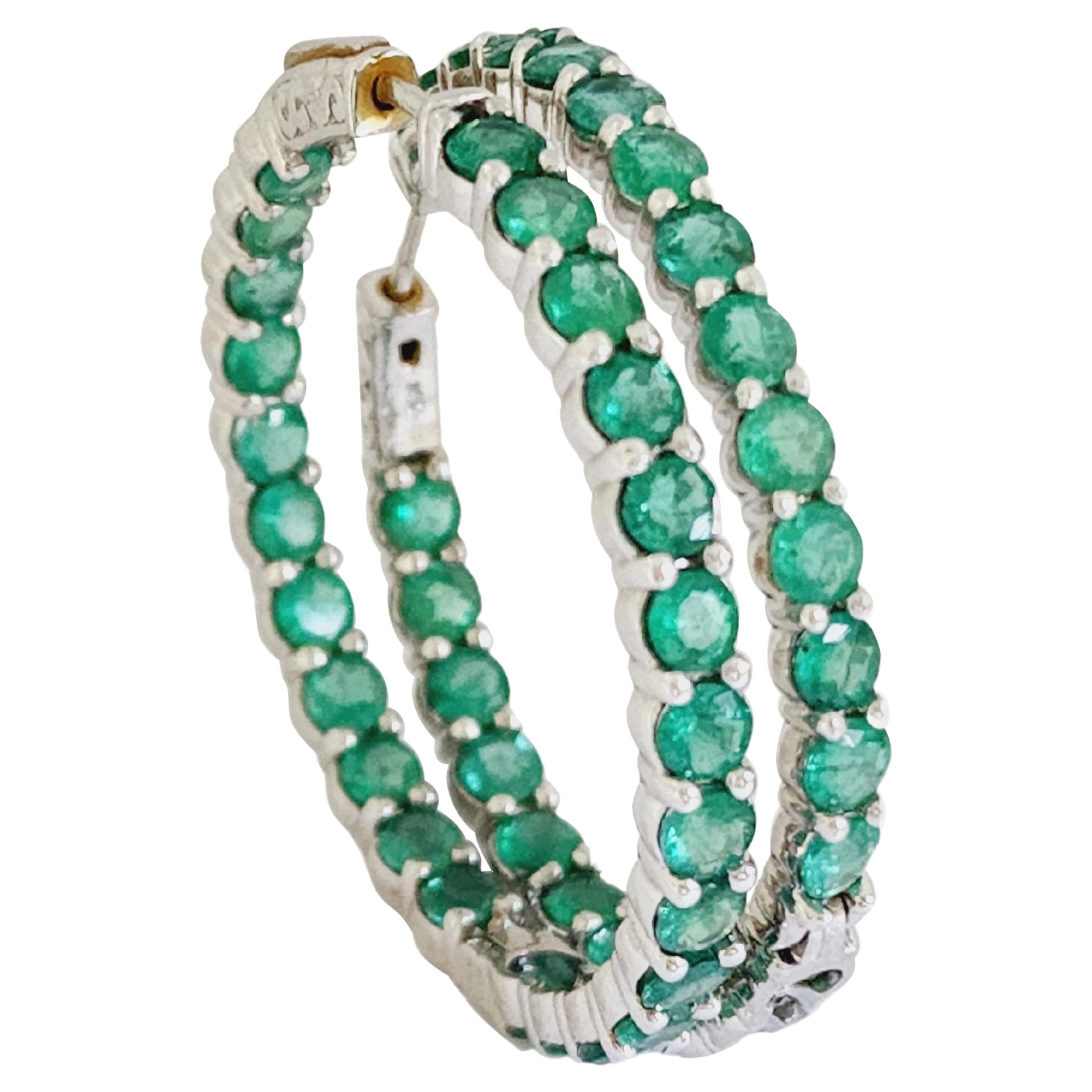 8.44 Carat Emerald Round Hoop Earrings 14 Karat White Gold For Sale