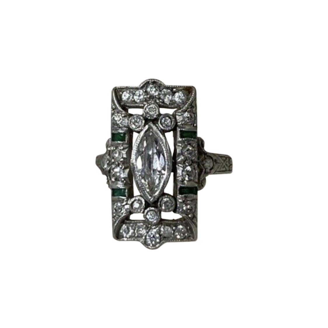 Art Deco Platinum Old Mine Marquis Diamond and Emerald Rectangular Ring