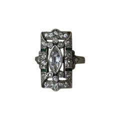 Art Deco Platinum Old Mine Marquis Diamond and Emerald Rectangular Ring