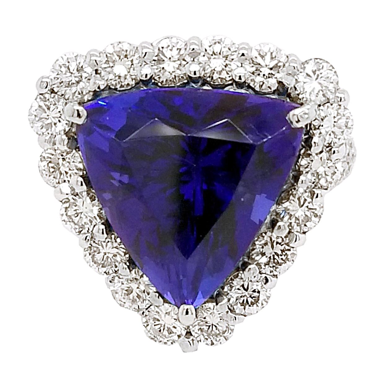 GIA 12.40 Carat Trillion Tanzanite Split Shank Pave Set Ring with Halo For Sale