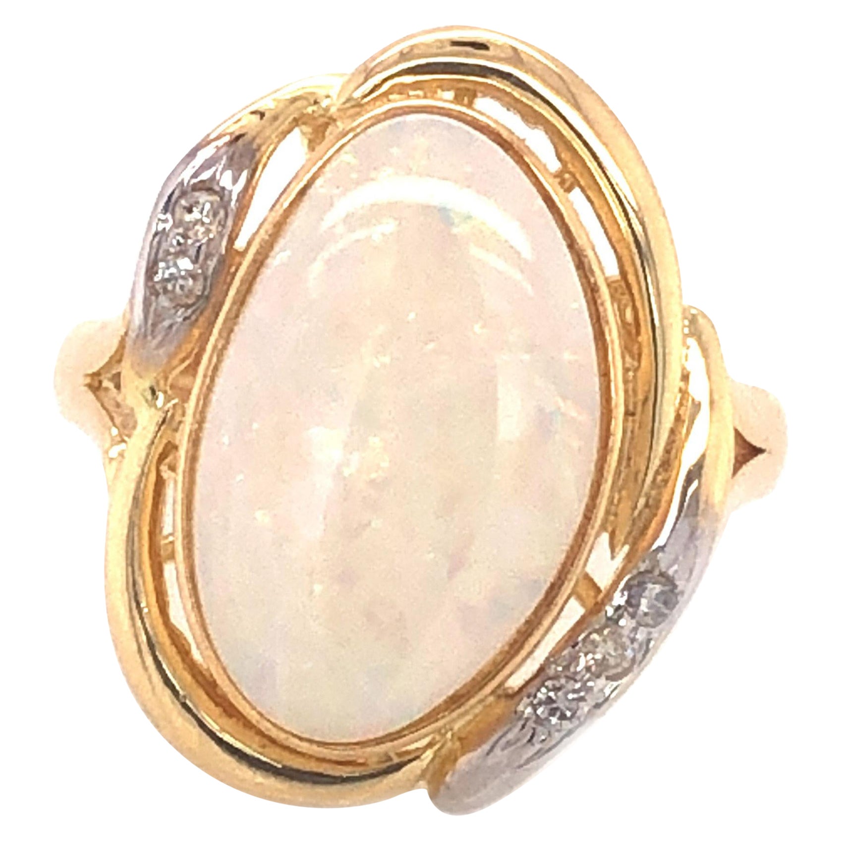 Oval White Opal & Diamond Split Shank Ring, 14k Yellow Gold For Sale
