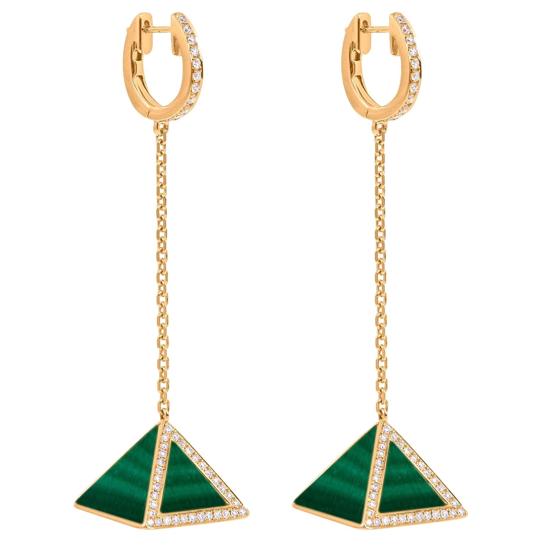Tetra Tribus Earrings with Malachite and Diamonds in 18K Yellow Gold For Sale