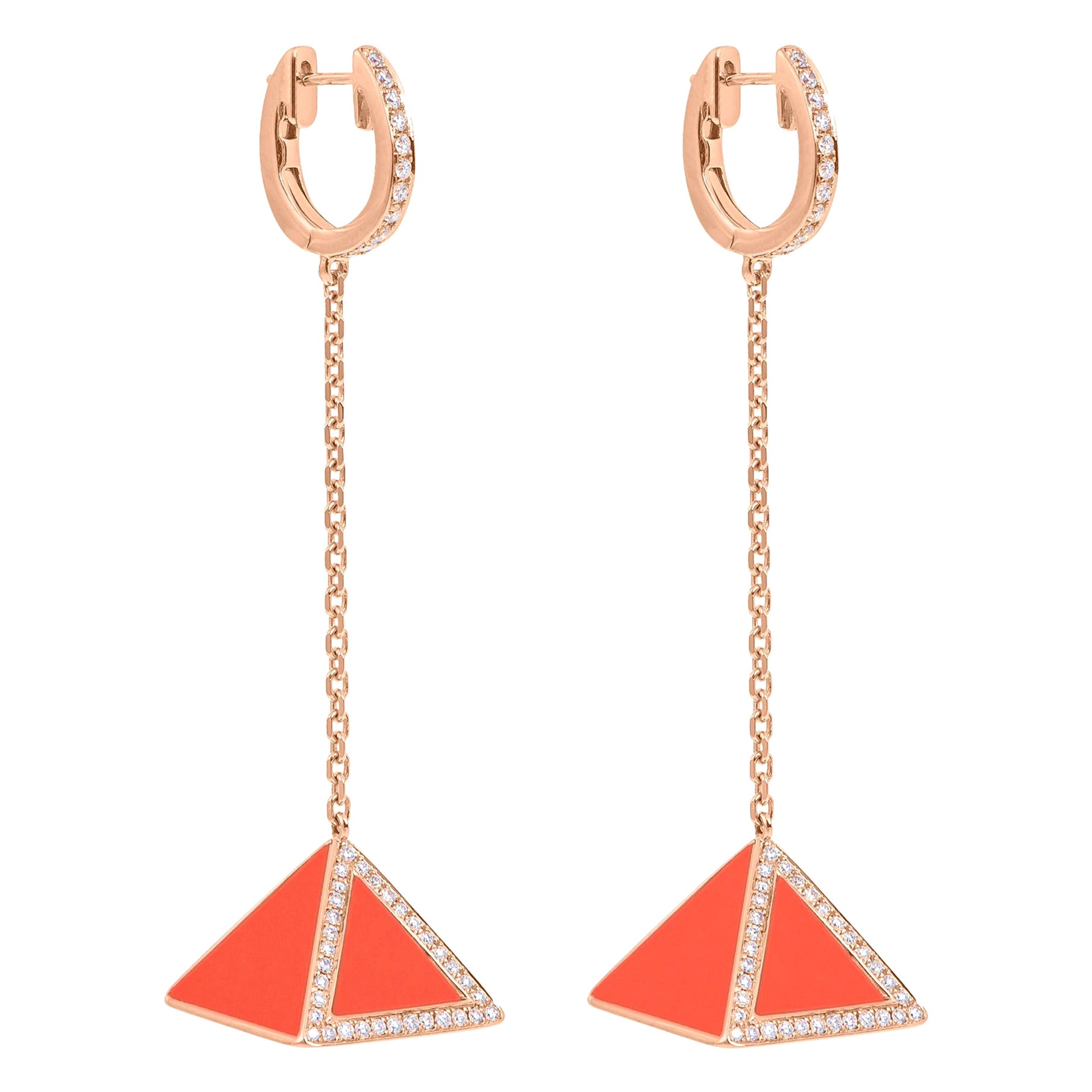 Tetra Tribus Earrings with Orange Coral and Diamonds in 18K Rose Gold For Sale