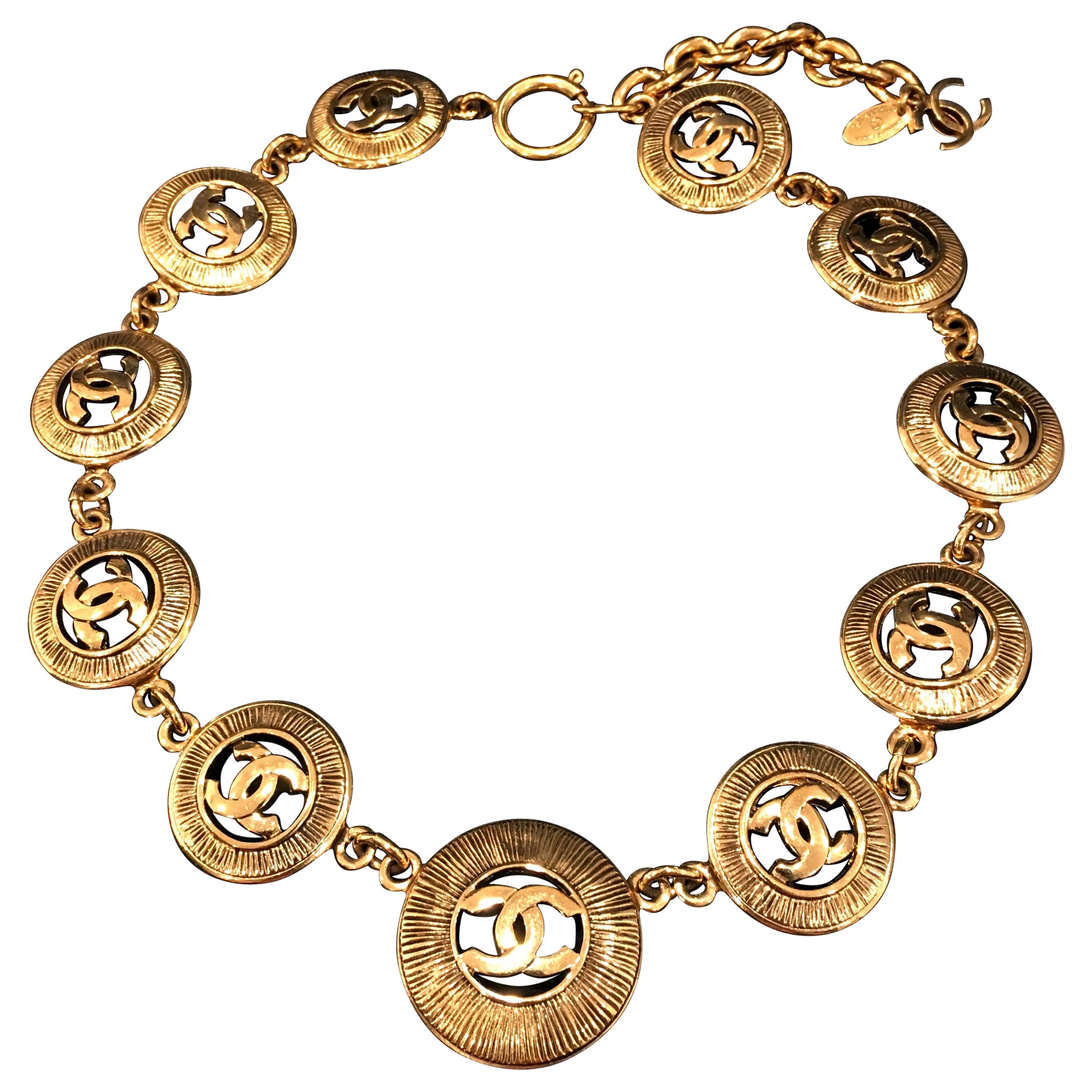 Chanel Gold Plated Gilt Metal Large Multiple CC Logo Pendants Necklace, 1980's