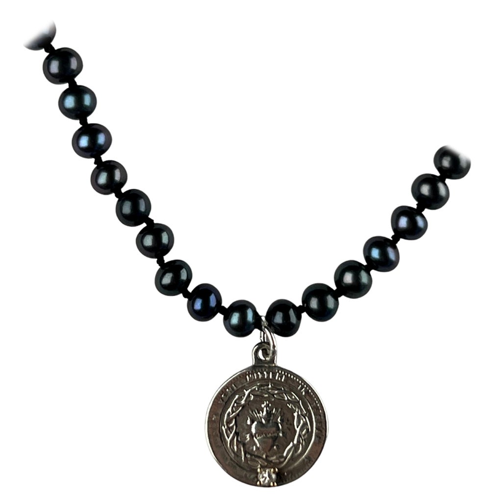 Diamond Silver Sacred Heart Medal Black Pearl Necklace Choker J Dauphin For Sale