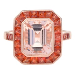 Emerald Cut Morganite and Orange Sapphire Halo Ring in 18K Rose Gold